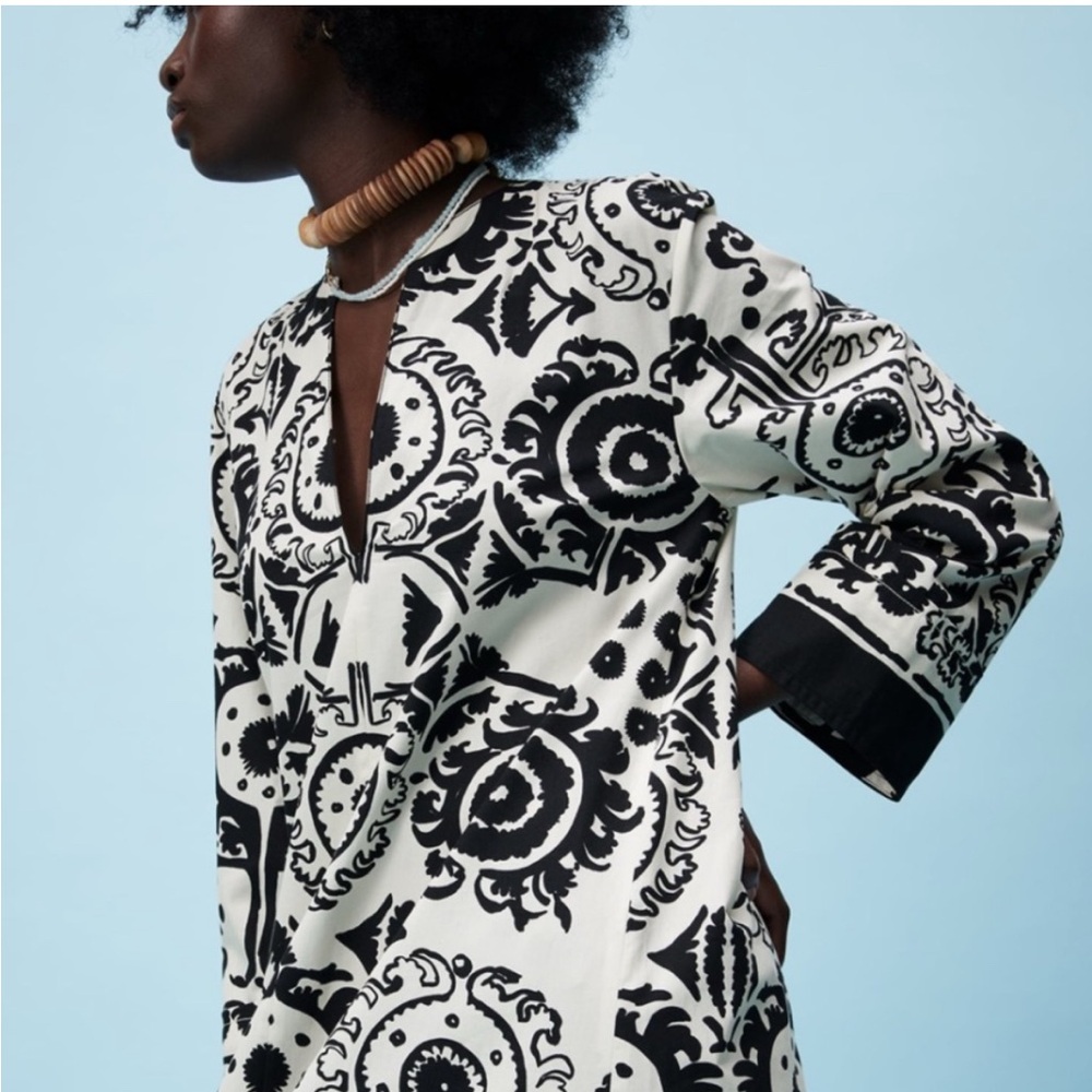 Zara Kaftan‎ Aztec Print Midi Dress Sz Medium Black White Ibiza Cover Up - Picture 2 of 7